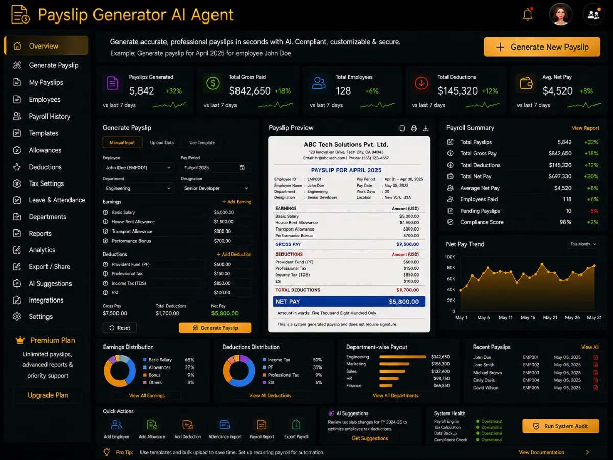payslipgenerator.app AI payslip generator app — payslip dashboard preview
